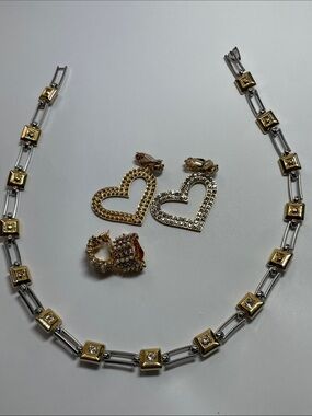 Gold Clip On Earrings and Two-Tone Necklace Set